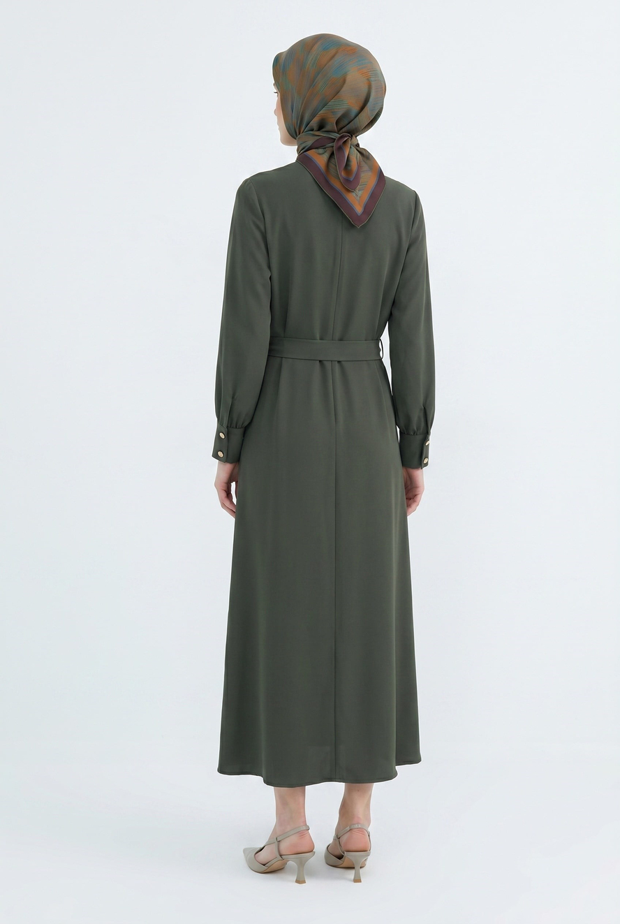 Drape Detaylı Belden Kuşaklı Elbise Haki 26YT904
