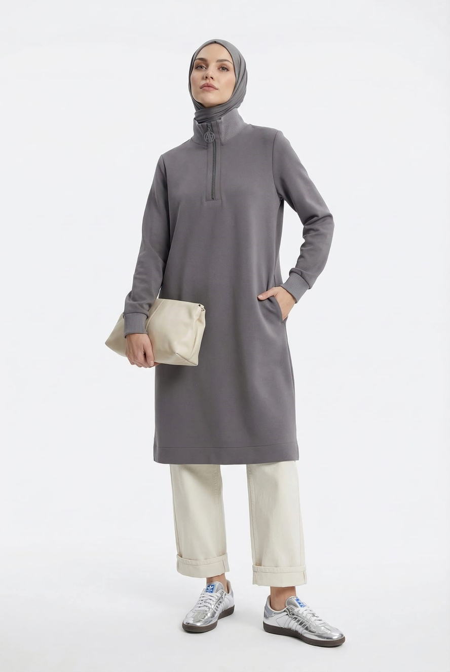 Fermuar Detaylı Basic Tunik Gri