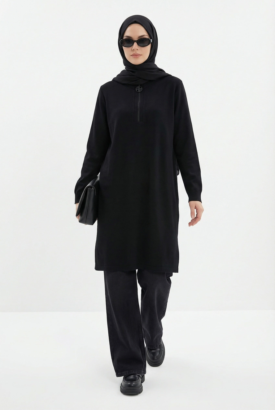 Fermuar Detaylı Basic Tunik Siyah