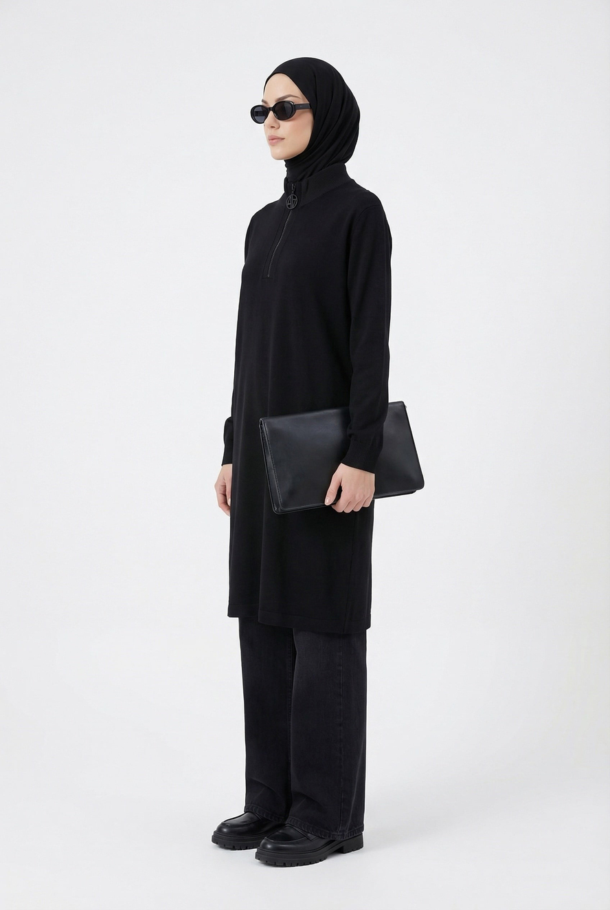 Fermuar Detaylı Basic Tunik Siyah