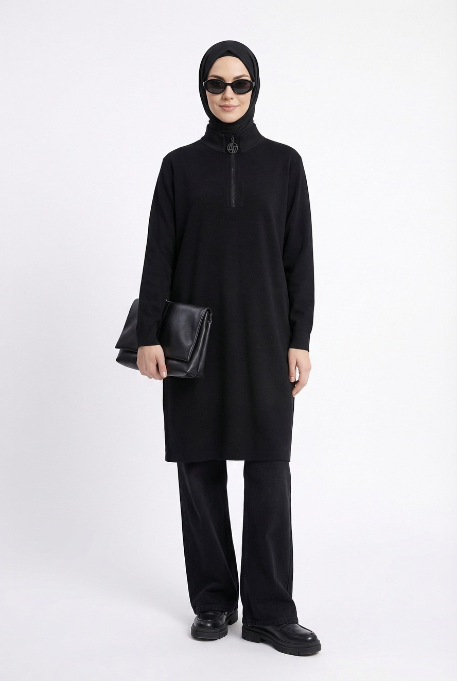 Fermuar Detaylı Basic Tunik Siyah