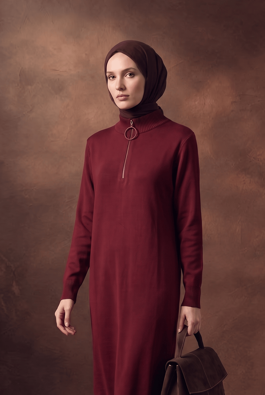 Fermuar Detaylı Dik Yaka Uzun Kollu Modern Şık ve Günlük Tunik Bordo 25KTD4113