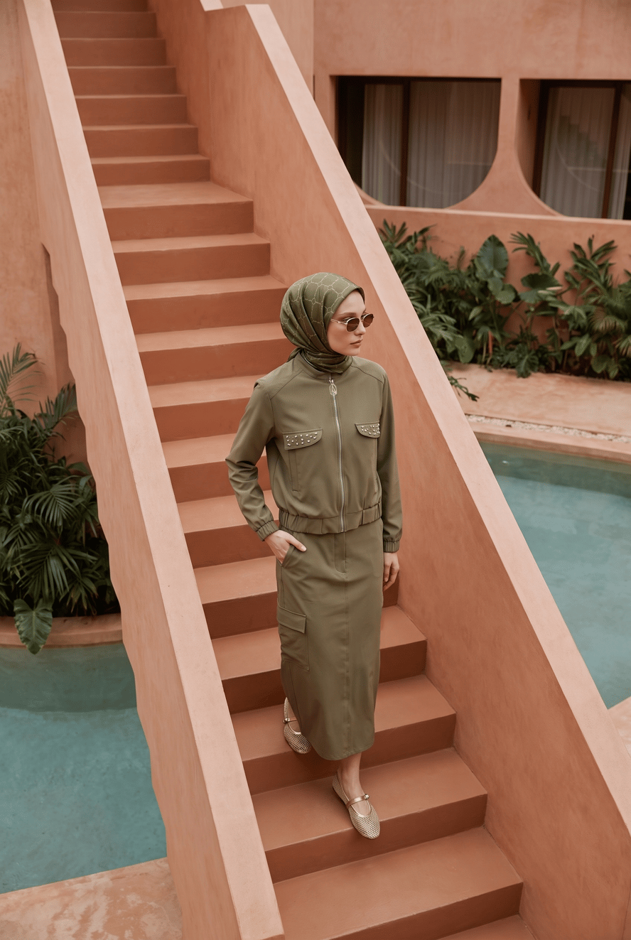 Fermuarlı Taş Detaylı Ceket Etek İkili Takım Zeytin 26YT6188