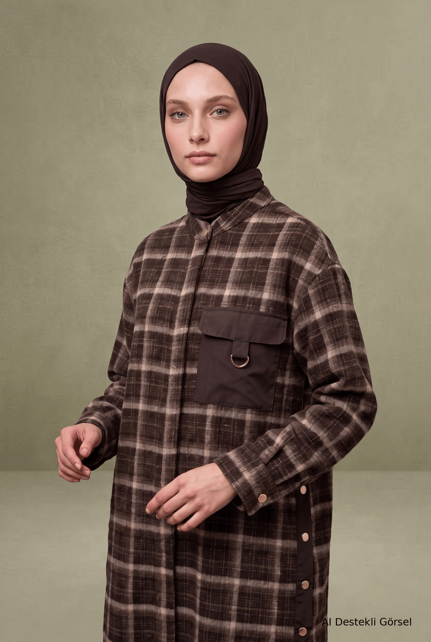 Gömlek Yaka Cep Detaylı Ekose Desenli Tunik 111 Cm Boy Kahverengi 26KT421