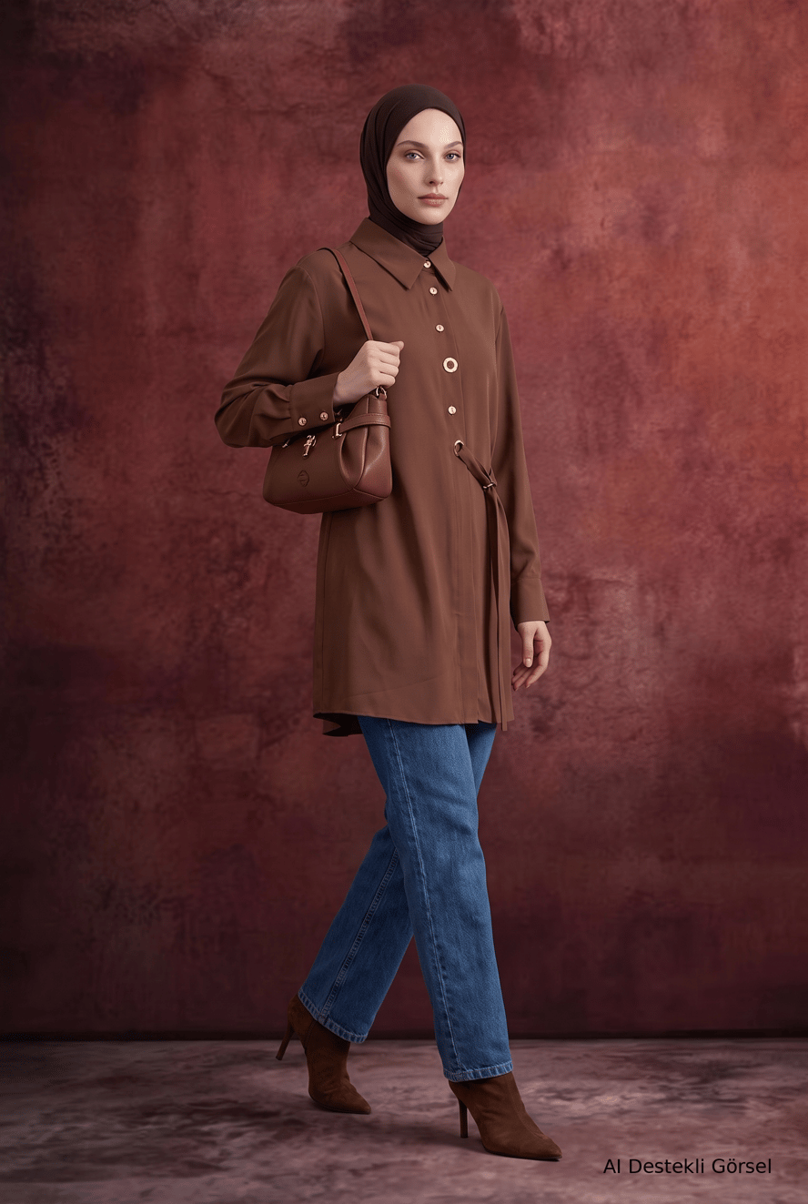 Gömlek Yaka Kuşgözü Detaylı Kuşaklı Tunik 91 Cm Boy Camel 26KT431