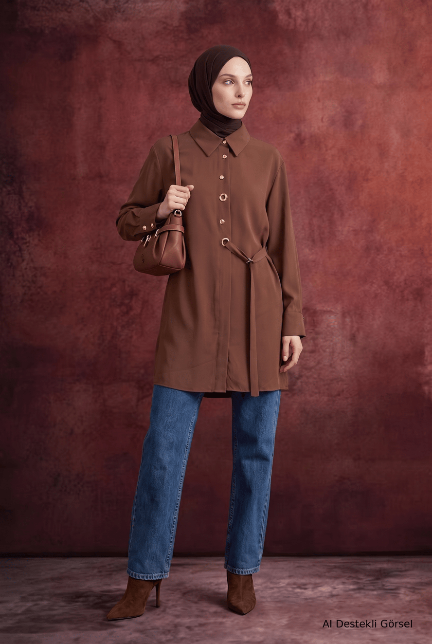 Gömlek Yaka Kuşgözü Detaylı Kuşaklı Tunik 91 Cm Boy Camel 26KT431