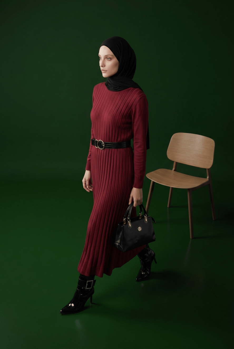 Kendinden Çizgili Triko Elbise Bordo 25KTD901