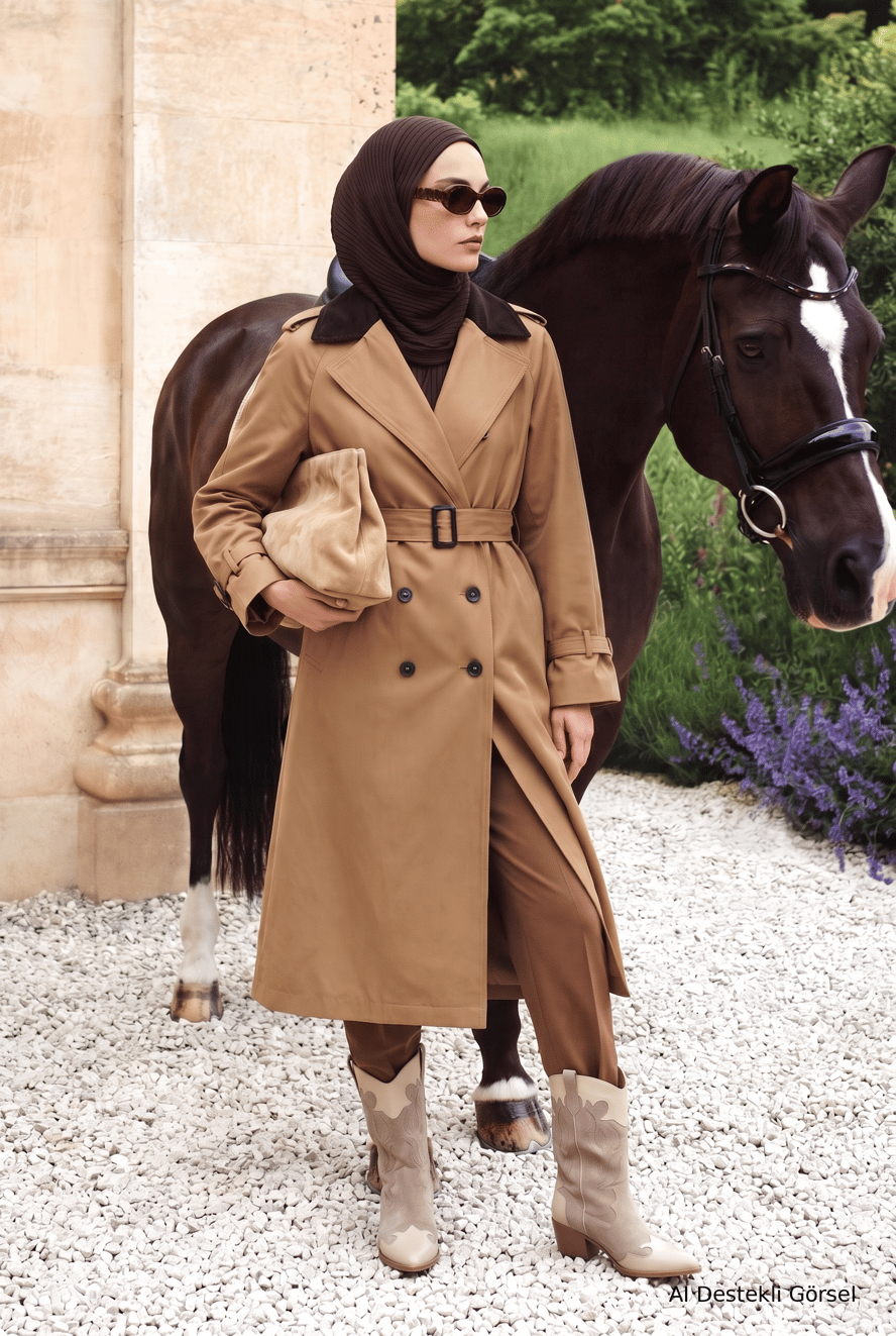 Kontrast Yaka Belden Kemerli Yandan Cepli Kap 125 Cm Boy Camel 26KT713