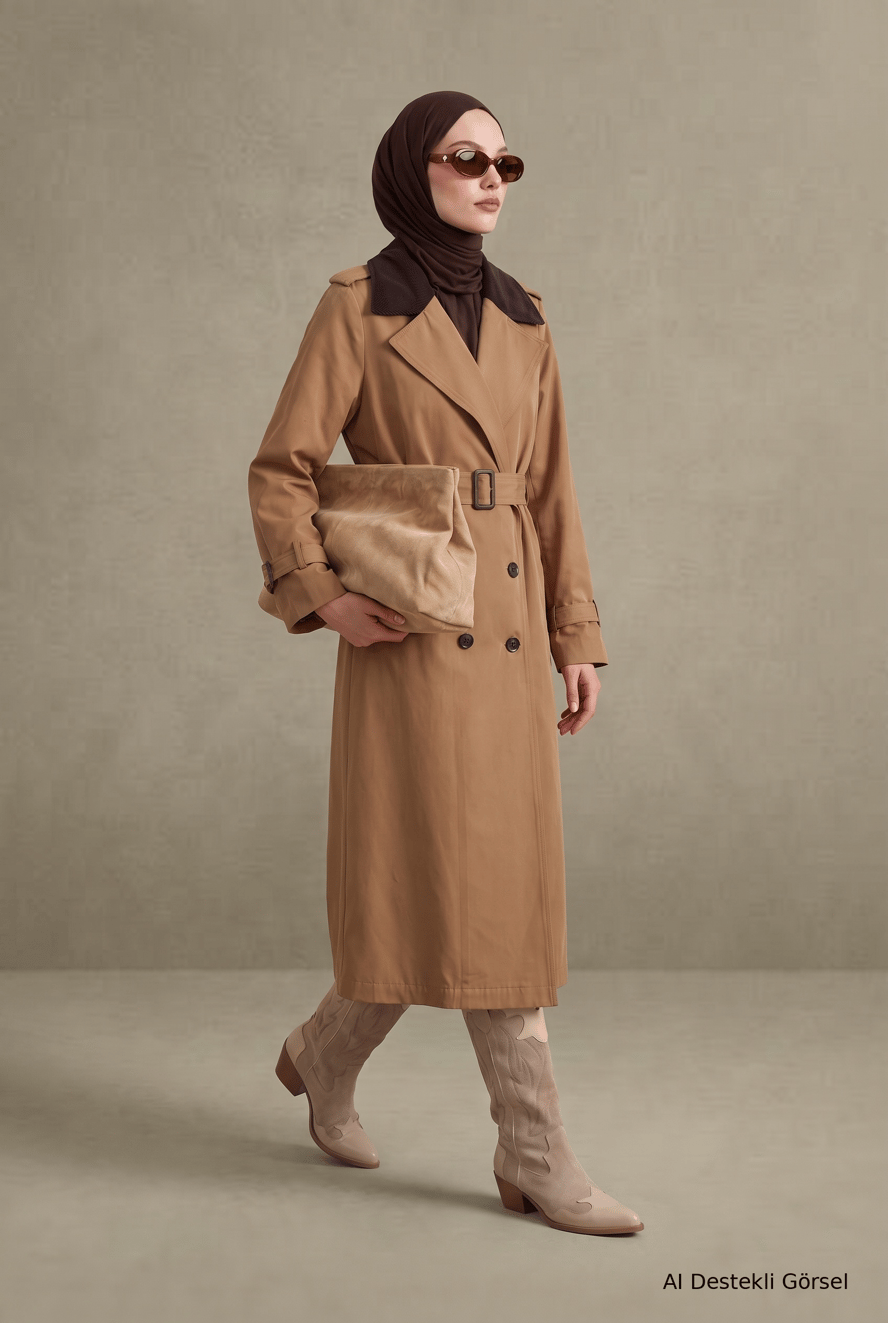 Kontrast Yaka Belden Kemerli Yandan Cepli Kap 125 Cm Boy Camel 26KT713