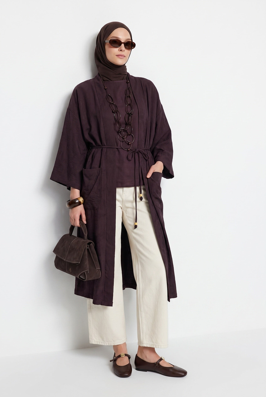 Kuşaklı Cepli Uzun Tesettür Kimono Kahverengi 26YA511
