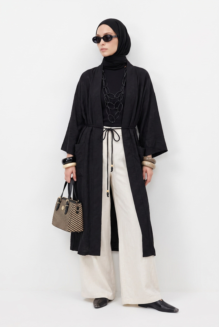 Kuşaklı Cepli Uzun Tesettür Kimono Siyah 26YA511