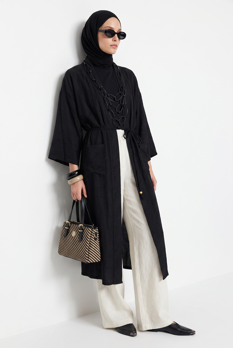 Kuşaklı Cepli Uzun Tesettür Kimono Siyah 26YA511