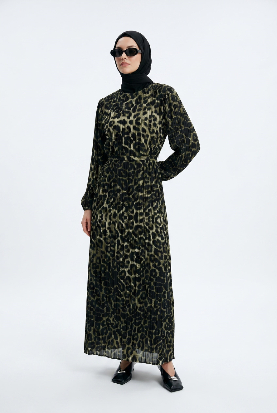Leopar Desenli Şifon Elbise Siyah 24KT907