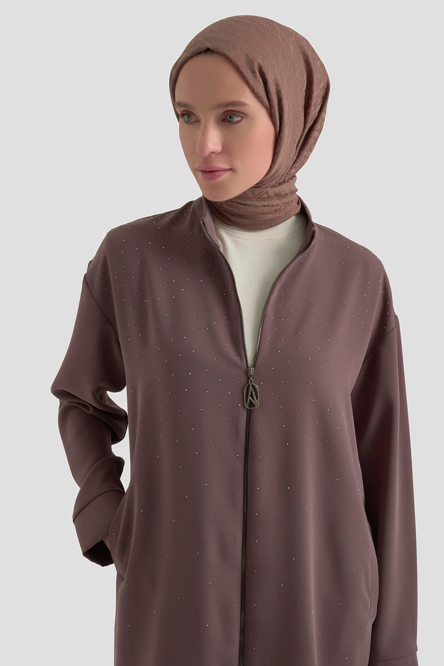 Taş Detaylı Fermuarlı Pantolonlu İkili Takım Latte 26YT625