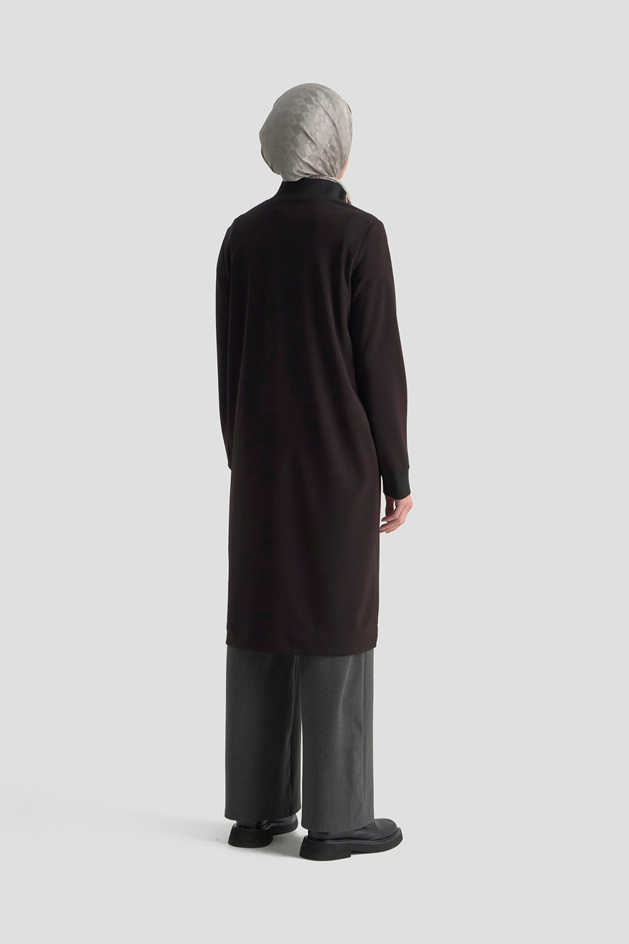 Yarım Fermuarlı Dik Yaka Uzun Kollu Rahat Kesim Basic Uzun Tunik 107 Cm Boy Siyah 26KT456