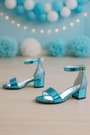 Elsa Blue Pattent Leather Shiny Thick Heeled Girls Heeled Dress Shoes