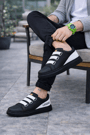 JY029 Mono Bağcıksız 3 Bantlı Lastikli Legend Cilt Erkek Günlük Sneaker Ayakkabı CST - Siyah/Beyaz