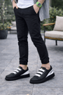 JY029 Mono Bağcıksız 3 Bantlı Lastikli Legend Cilt Erkek Günlük Sneaker Ayakkabı CST - Siyah/Beyaz