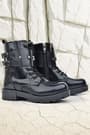 Rakerplus Black Patent Leather Lace Up Zippered Girl's Boots with Star Detail