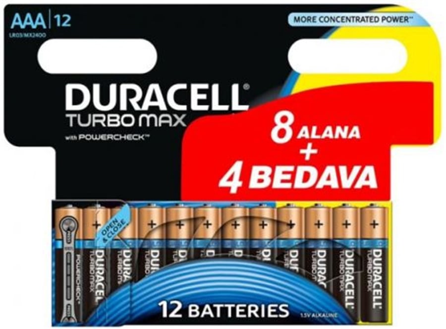 Duracell Turbo Max Alkalin AAA İnce Kalem Pil 12'li Paket