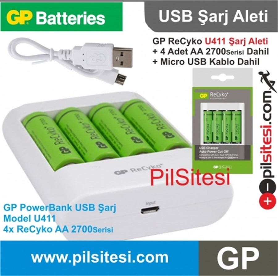 GP Recyko U411 Powerbank Pil Şarj Aleti 4xAA2700