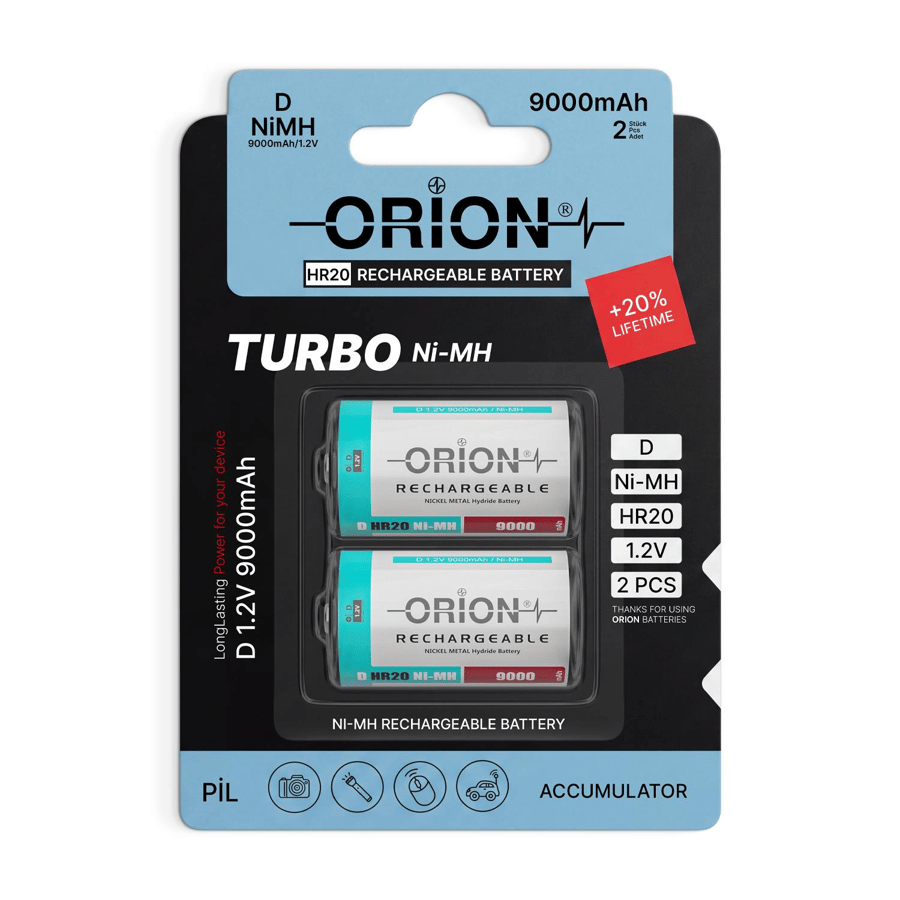 Orion D - Büyük Boy 1.2V 9000mAh Ni-MH 2'li Paket Pil 