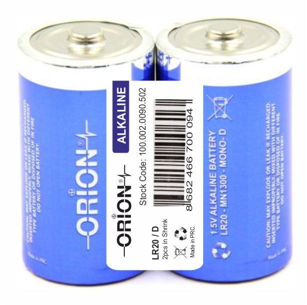 Orion D - Büyük Boy 1.5V Alkalin 2'li Paket Pil 