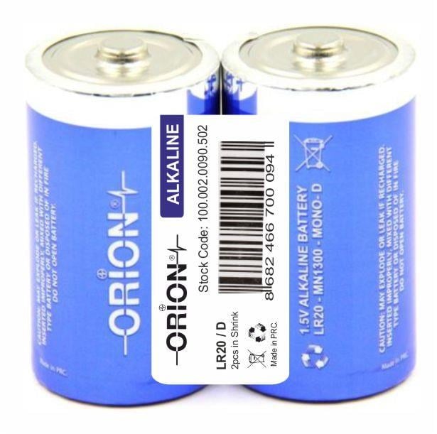 Orion D - Büyük Boy 1.5V Alkalin 2'li Paket Pil 