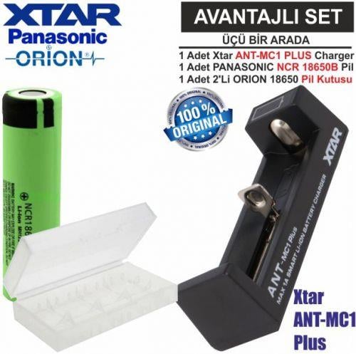 Xtar ANT-MC1 Plus Şarj Aleti, Panasonic NCR18650B Li-ion Pil, ORION 18650 Pil taşıma kutusu / 3'Lü SET