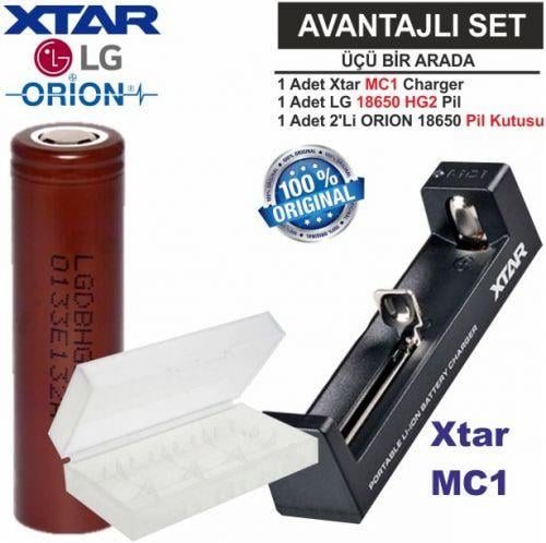 Xtar MC1 Şarj Aleti, LG INR18650 HG2 Li-ion Pil, ORION 18650 Pil taşıma kutusu 3'Lü SET
