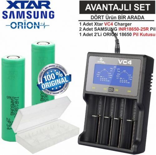 Xtar VC4 Şarj Aleti, Samsung INR18650-25R Li-ion Pil, ORION 18650 Pil taşıma kutusu / 4'Lü SET