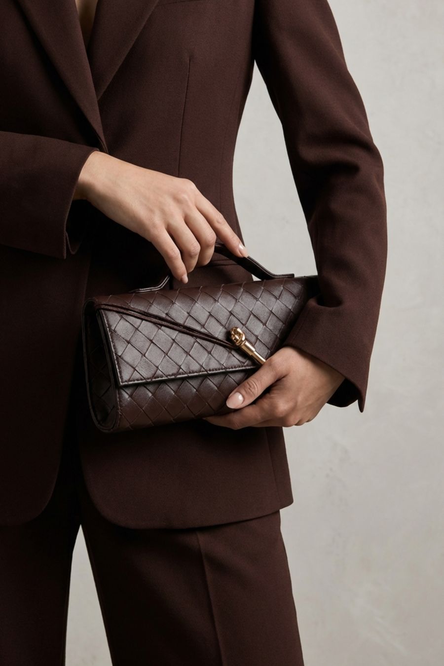 Kahverengi örgü derili portföy clutch ile ofis kombini