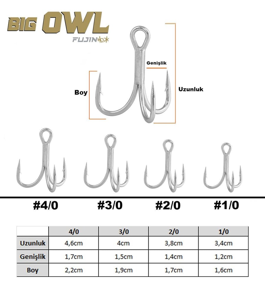 Üçlü İğneler Fujin Big OWL Süper Anti-Rust Üçlü Kanca - 1/0