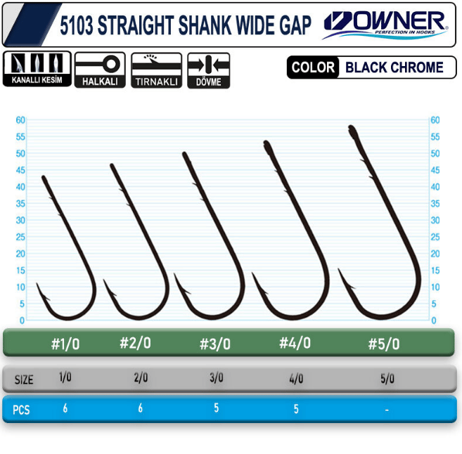 Owner 5103 Straight Shank Wide Gap Uzun Pala Lüfer İğnesi-1/0 Tekli İğneler