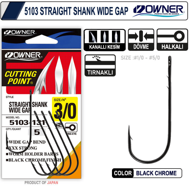 Owner 5103 Straight Shank Wide Gap Uzun Pala Lüfer İğnesi-1/0 Tekli İğneler