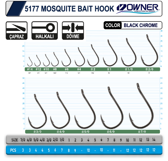 Tekli İğneler Owner 5177 Mosquito Hook Black Chrome Sinek İğne