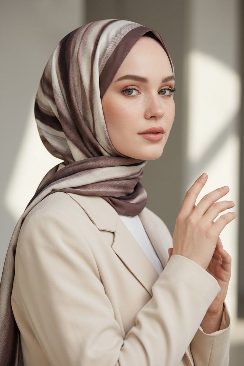 KREP SULU BOYA ÇİZGİLİ DESENLİ GÜL KURUSU RENKLİ 75X195 KIRIŞMAZ ŞAL