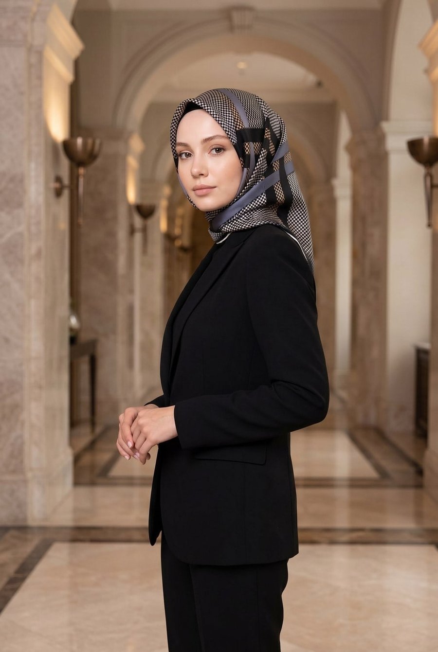 %100 Twill İpek Kazayağı Desenli Gri - Siyah Renkli 90x90 Eşarp Dikim Şekli : El Dikişi