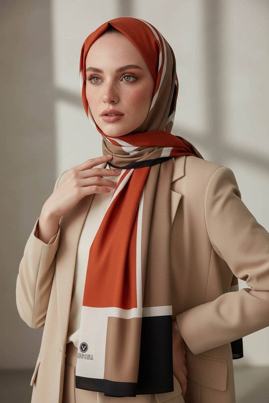 KREP GEOMETRIK DESENLİ TABA RENKLİ 75X195 KIRIŞMAZ ŞAL