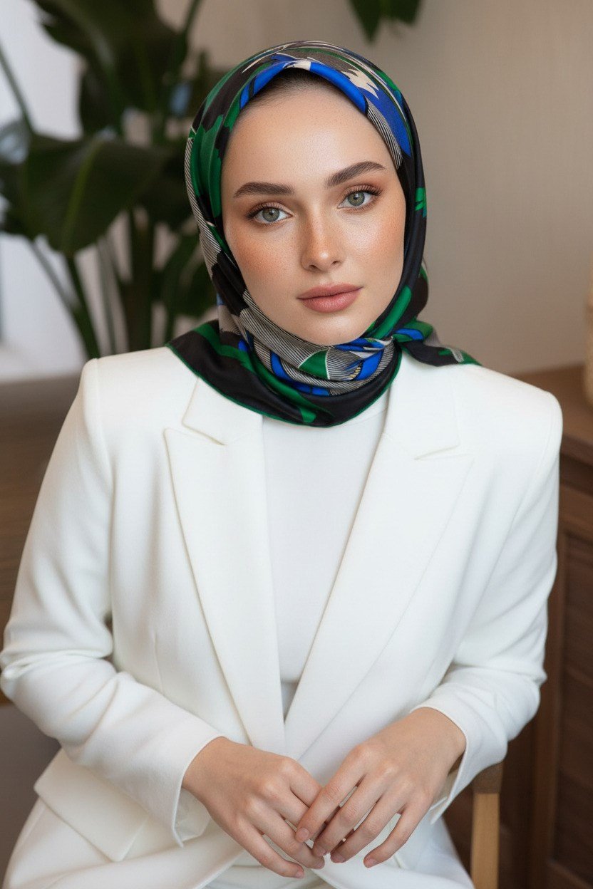 %100 Twill İpek Çiçek Desenli Siyah - Zümrüt Yeşili Renkli 90x90 Eşarp Dikim Şekli : El Dikişi