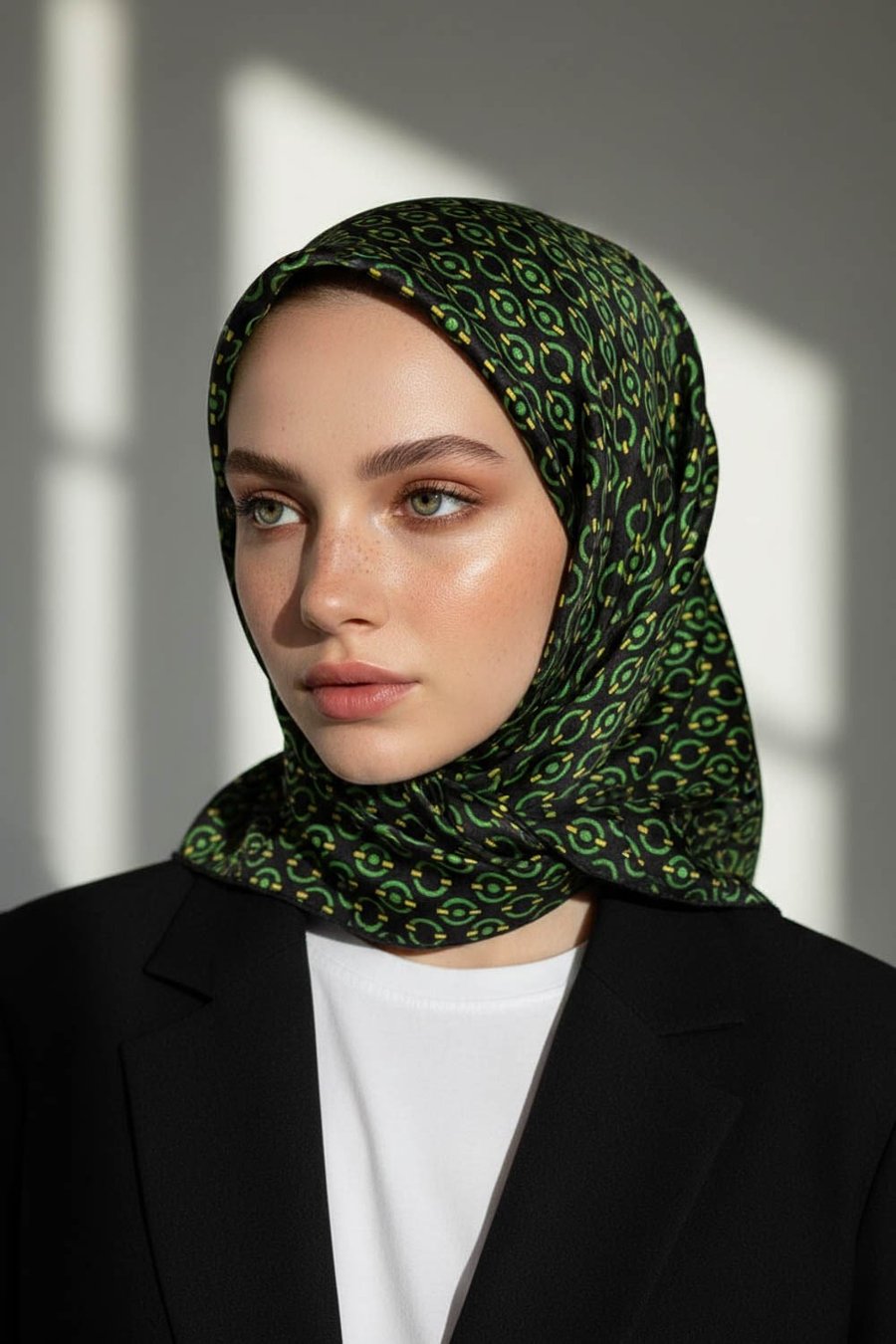 %100 Twill İpek Zincir Desenli Siyah - Zümrüt Renkli 90x90 Eşarp Kenar Dikiş Şekli El Dikişli