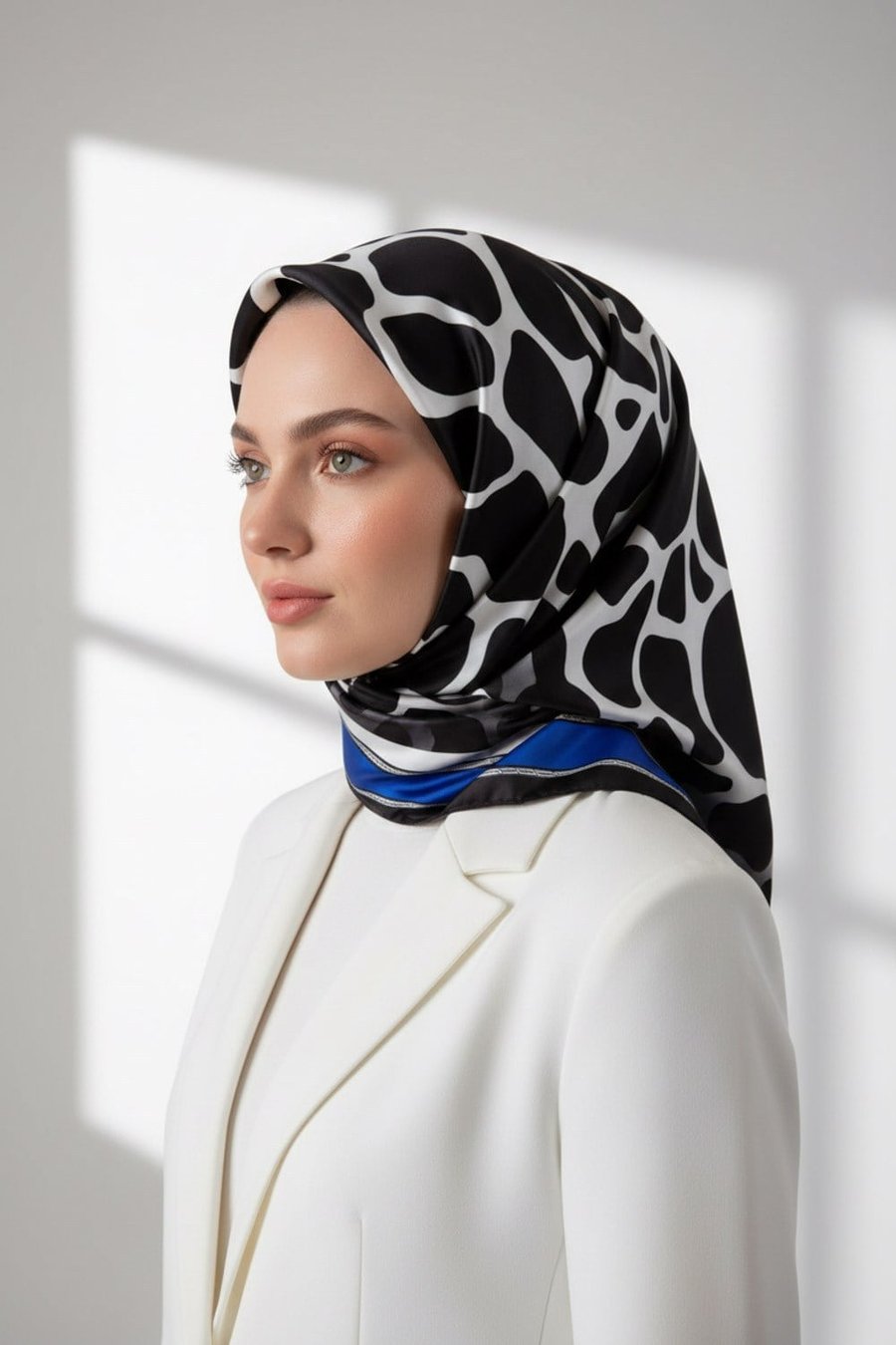 Kristal Taş Desenli Saks Renkli 90x90 Eşarp (İpek İçermez) Dikim Şekli : El Dikişi