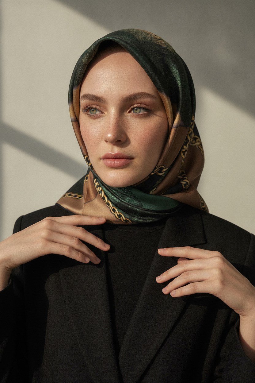 %100 Twill İpek Taş Efekti Desenli Petrol Yeşili - Siyah Renkli 90x90 Eşarp Dikim Şekli : El Dikişi