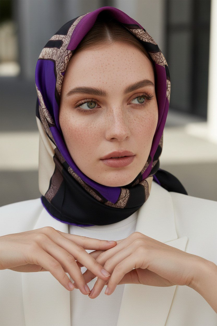 % 57 İPEK % 43 VİSKON Twill İpek Gold Efektli Geometrik Desenli Siyah - Mürdüm Renkli 90x90 Eşarp Dikim Şekli : El Dikişi