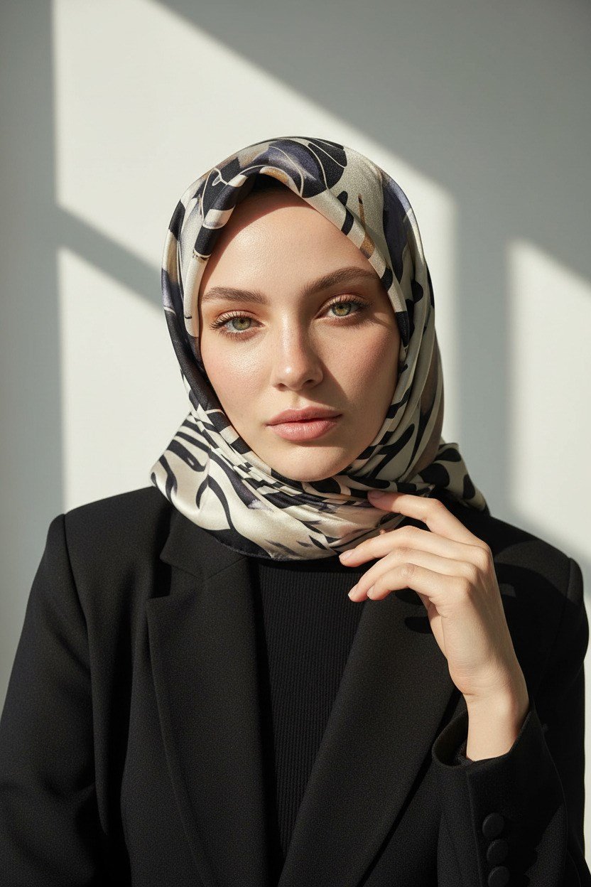 %100 Twill İpek Amazon Desenli Gri- Bej Renkli 90x90 Eşarp Kenar Dikiş Şekli El Dikişli