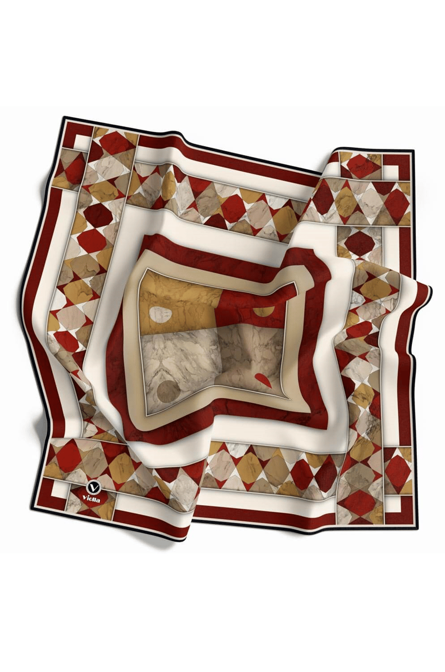 Twill Geometrik Mermer Desenli Bordo Renkli 90x90 Eşarp (İpek İçermez) Kenar Dikiş Şekli El Dikişli