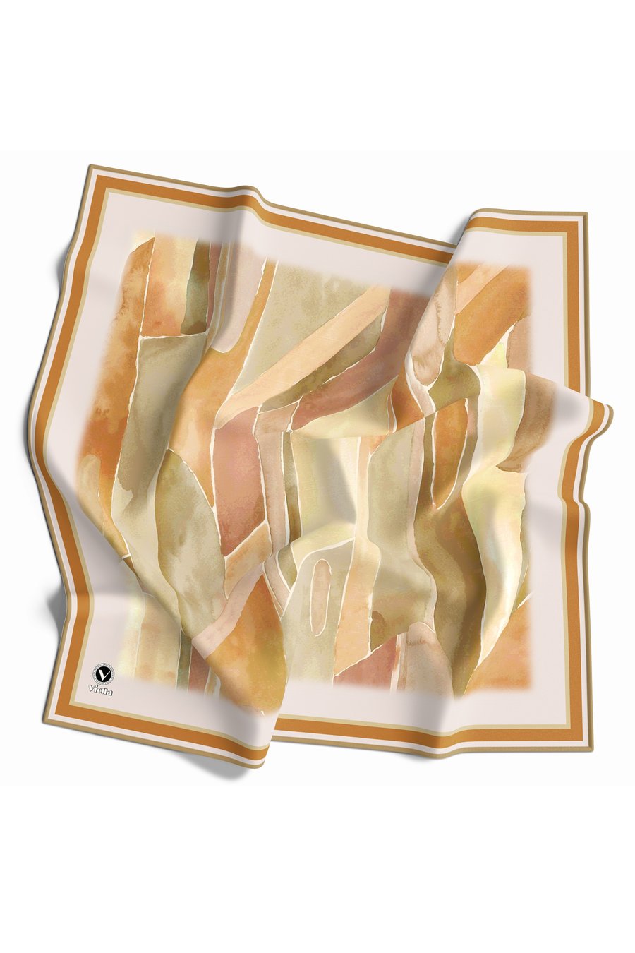 Kristal Suluboya Dokulu Geometrik Desenli Hardal Renkli 90x90 Eşarp (İpek İçermez) Kenar Dikiş Şekli El Dikişli