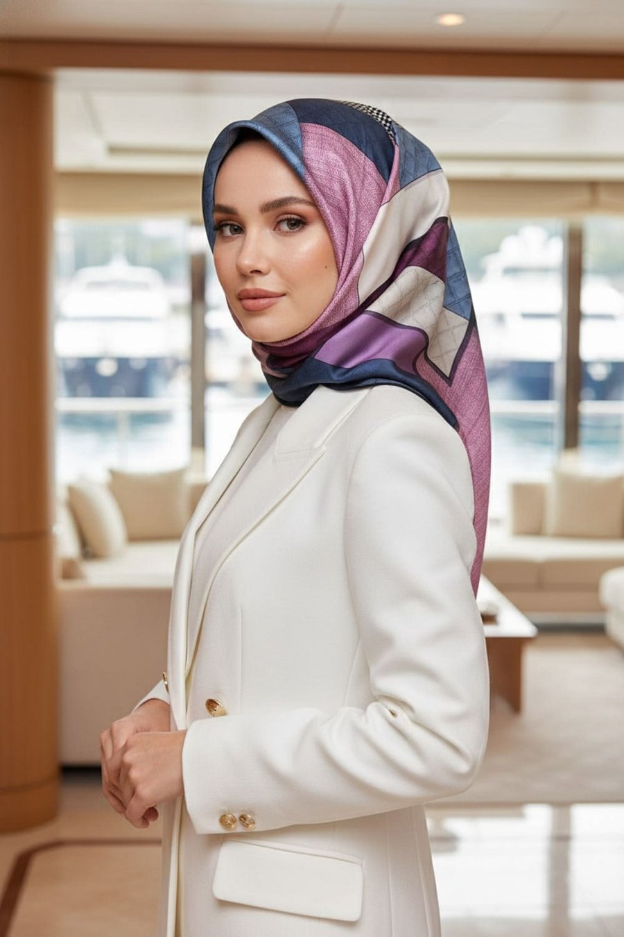 %100 Twill İpek Kazayaklı Ve Geometrik Desenli Pembe - İndigo Renkli 90x90 Eşarp Dikim Şekli : El Dikişi