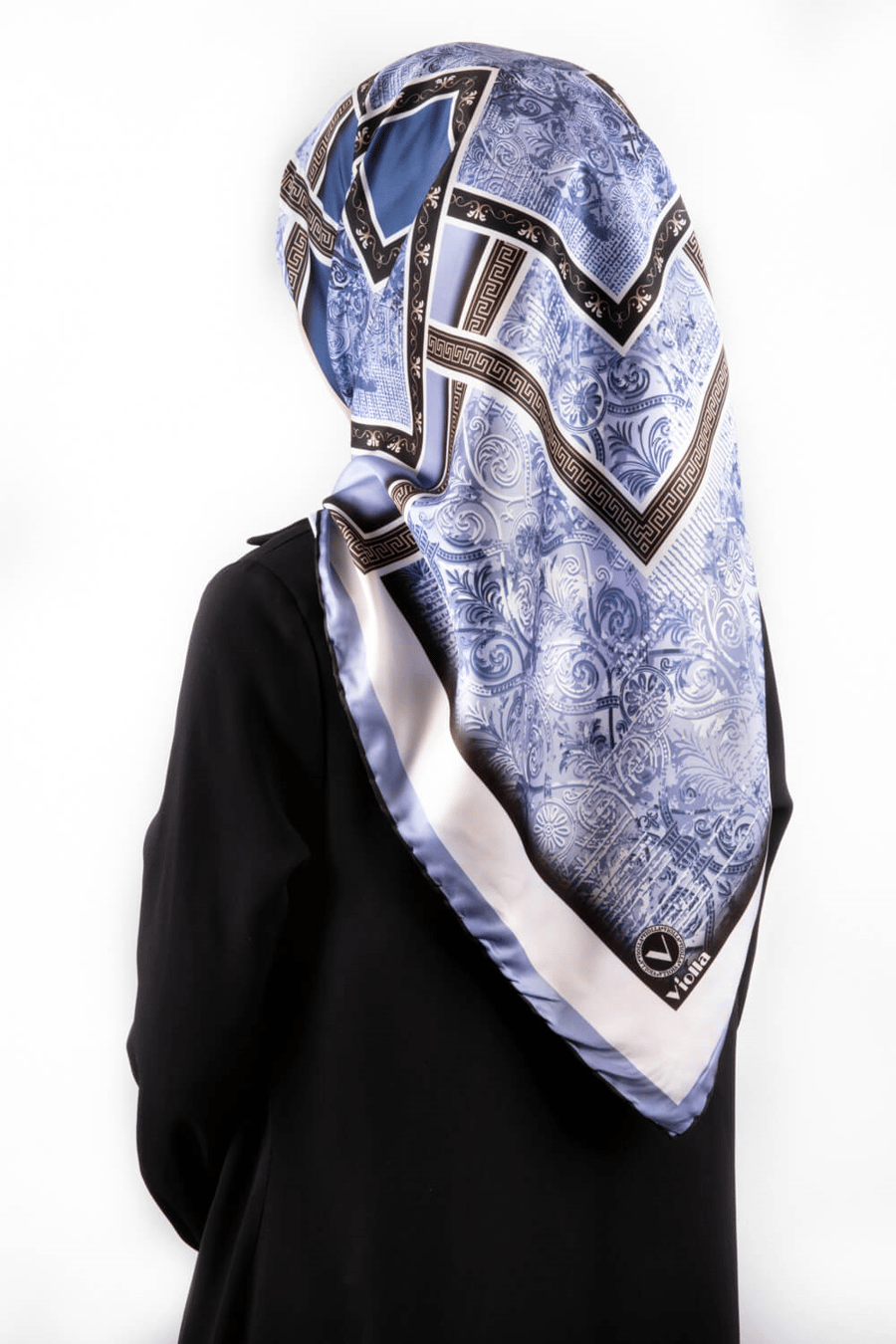 Twill Geometrik Desenli İndigo Renkli 90x90 Eşarp (İpek İçermez) Kenar Dikiş Şekli El Dikişli