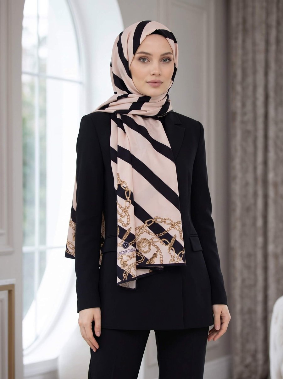 KREP ÇİZGİLİ VE ZİNCİR DESENLİ KREM - SİYAH RENKLİ 75X195 KIRIŞMAZ ŞAL